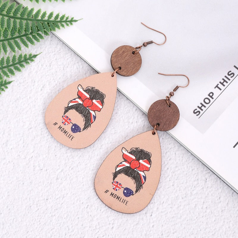 Wholesale MOM LIFE Mother's Day Leopard Plaid Wooden Earrings